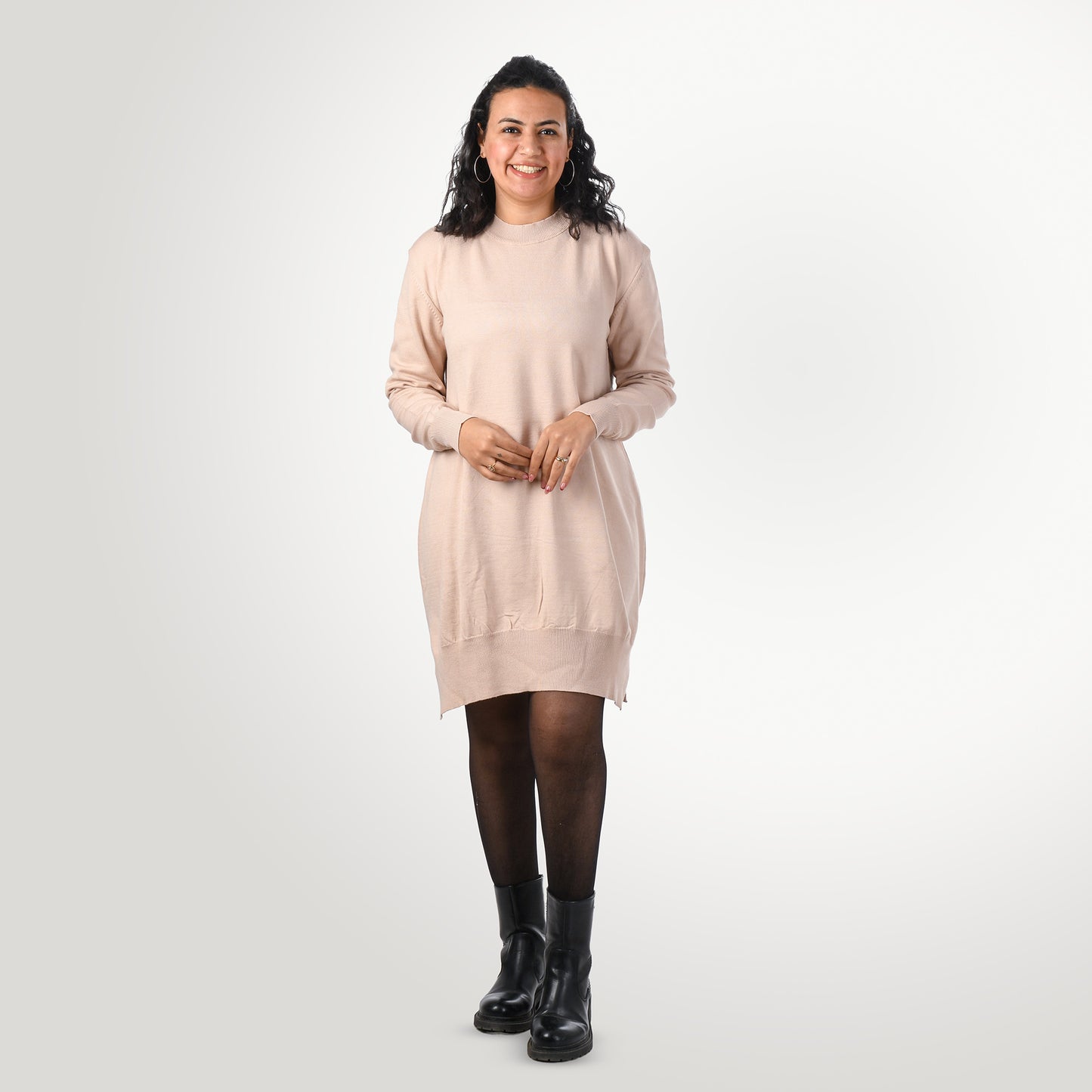 Women Long Sweater Round Neck One Size (Beige)