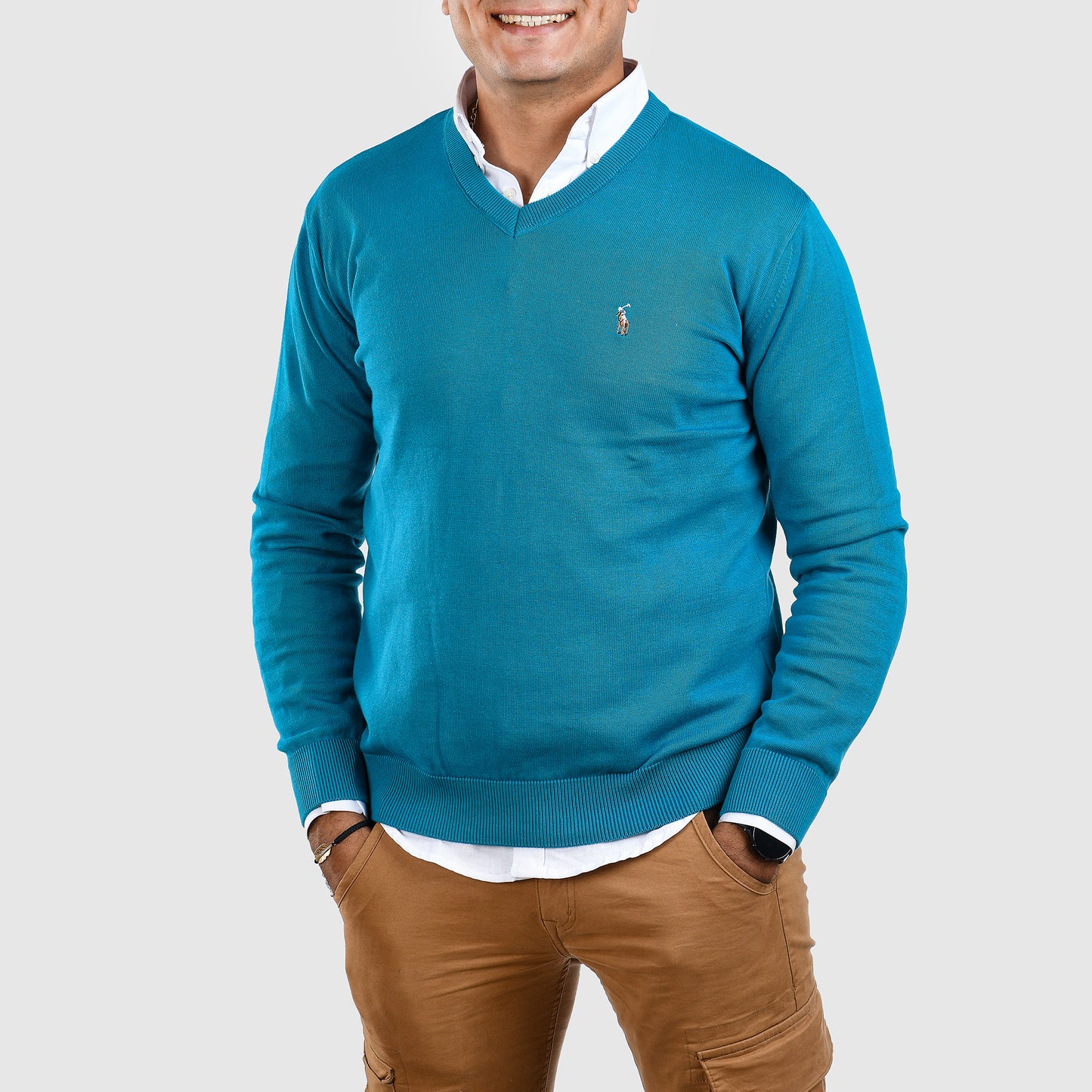 Men Pullover polo Ralph V-neck-trico cotton-Turquoise