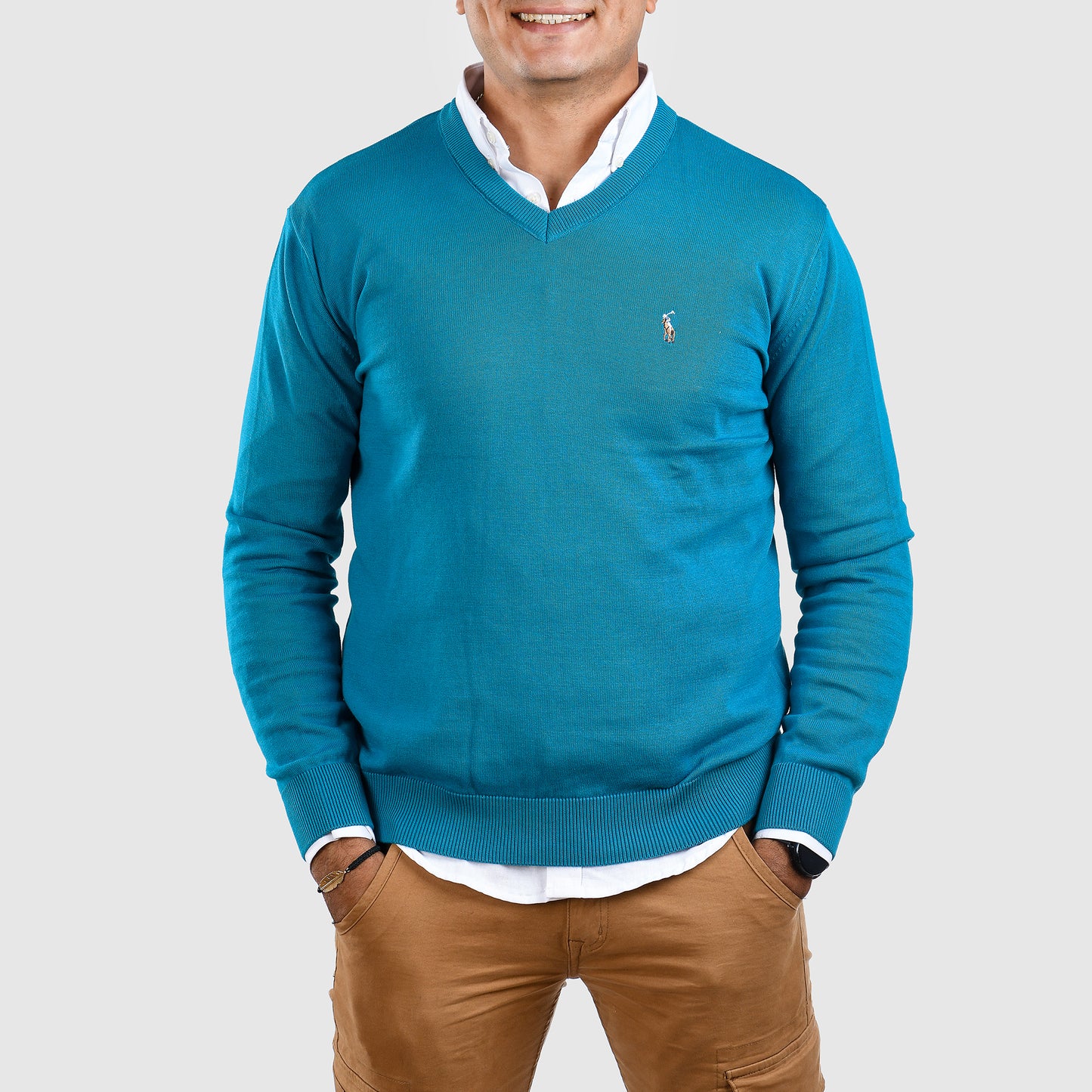 Men Pullover polo Ralph V-neck-trico cotton-Turquoise